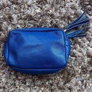 Blue Italian Leather Clutch with Tassel Accents
